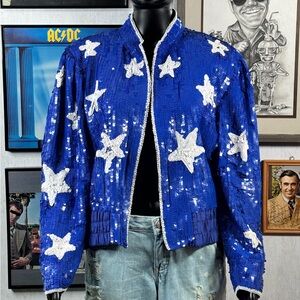 Vintage Lew Magram Blue Sequin Star Jacket with Flag Back – 100% Silk – Size L